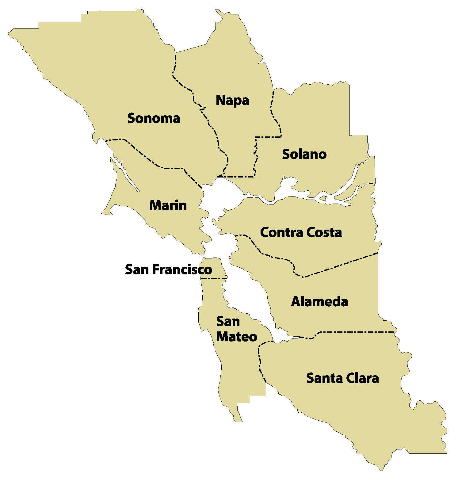 MedBridge Transport service area — 9 Bay Area counties including Alameda, Contra Costa, Marin, Napa, San Francisco, San Mateo, Santa Clara, Solano, and Sonoma